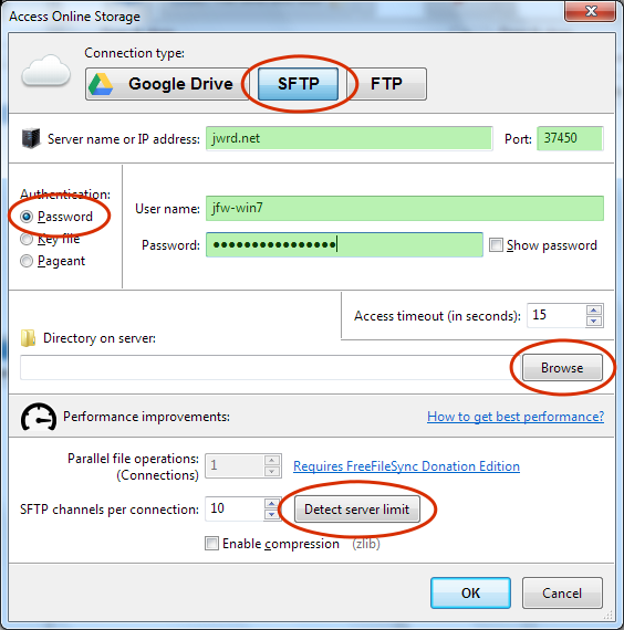 Access Online Storage / SFTP / Password, Channels