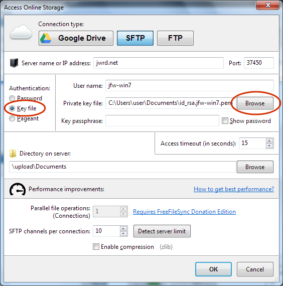 Access Online Storage / SFTP / Key file